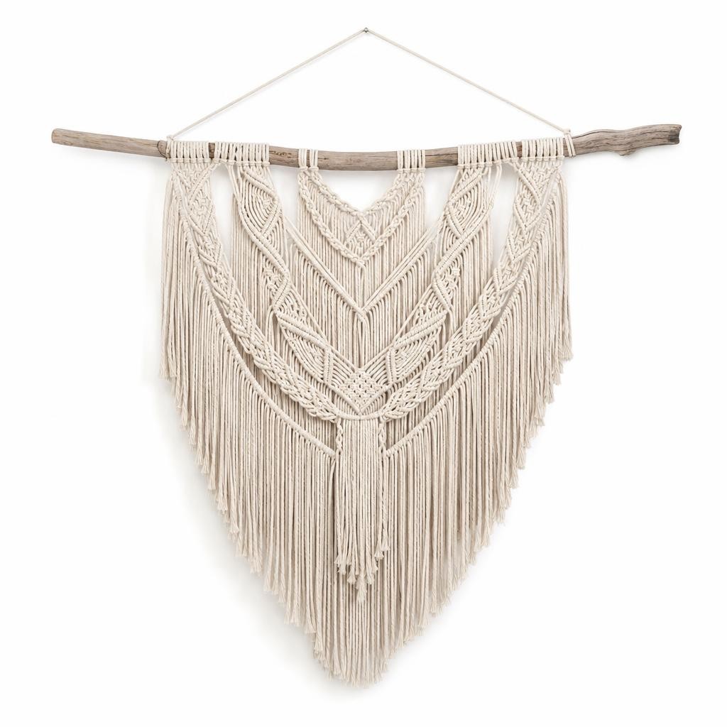 Grande Suspension Murale Macramé en Coton Naturel 110x80 cm