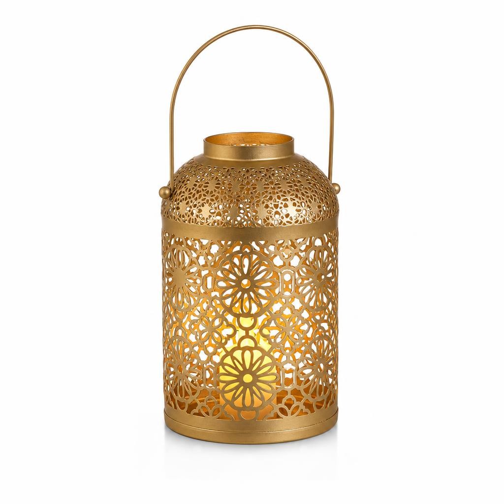Lanterne Photophore en Métal Ajouré Style Moucharabieh Doré 30 cm