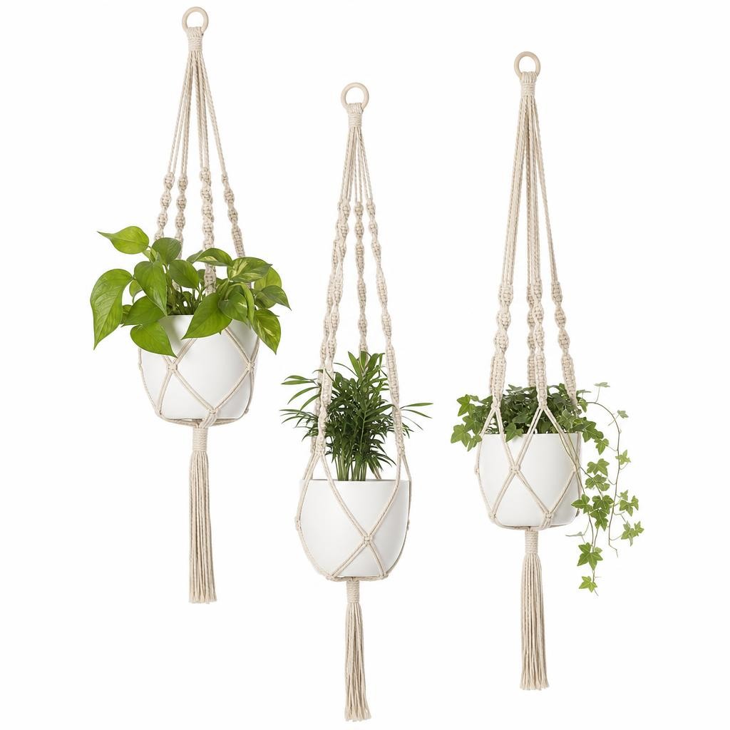 Lot de 3 Jardinières Suspendues en Macramé avec Pots en Céramique
