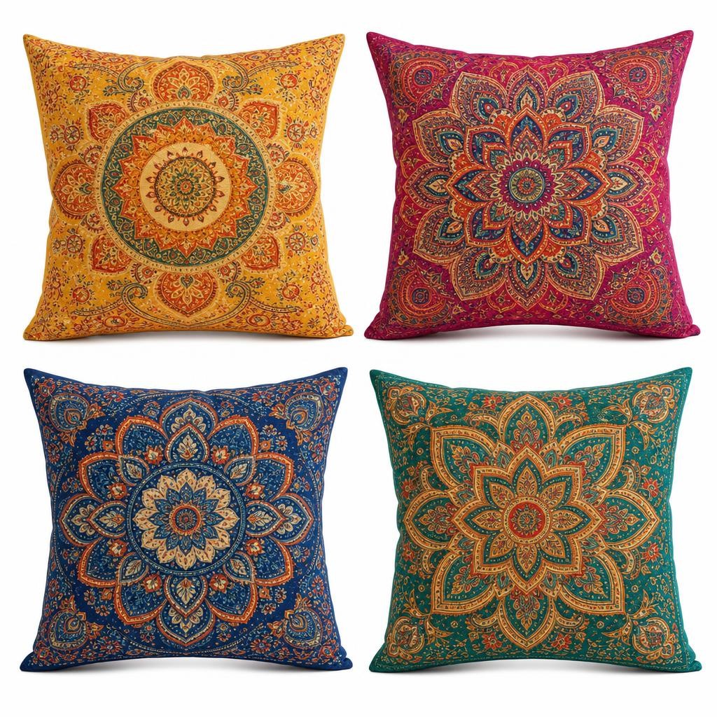 Lot de 4 Coussins en Soie Brodée Style Rajasthan 40x40 cm