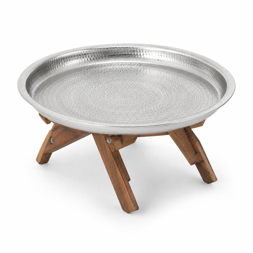 Plateau Décoratif en Laiton Martelé sur Pied Pliant 50 cm