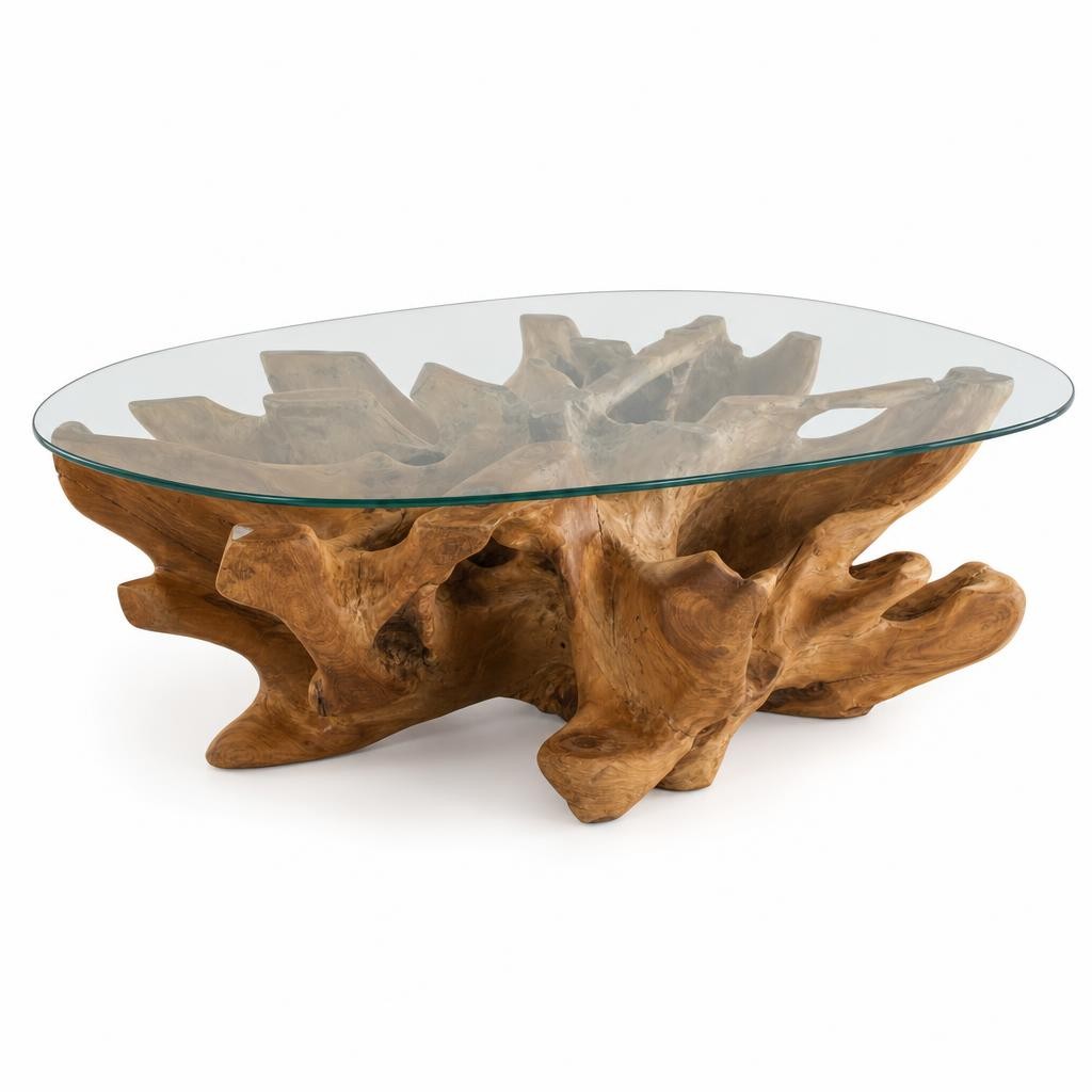 Table Basse en Racine de Teck Naturel Sculptée